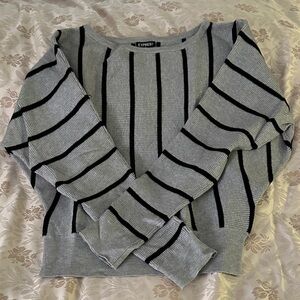 Express Black and Gray Striped Crew Neck Sweater